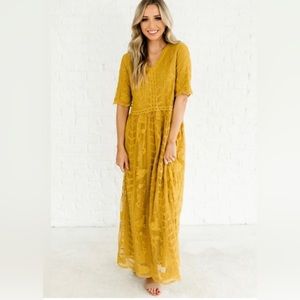 Hidden alley mustard lace maxi lined embroidered dress